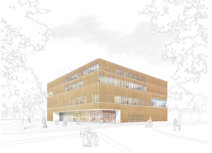 Abb.: Das BIZ wird eine Lern- und Begegnungslandschaft bieten - im neuen Haus und auf den Außenflächen (Abb: karlundp Architekten)