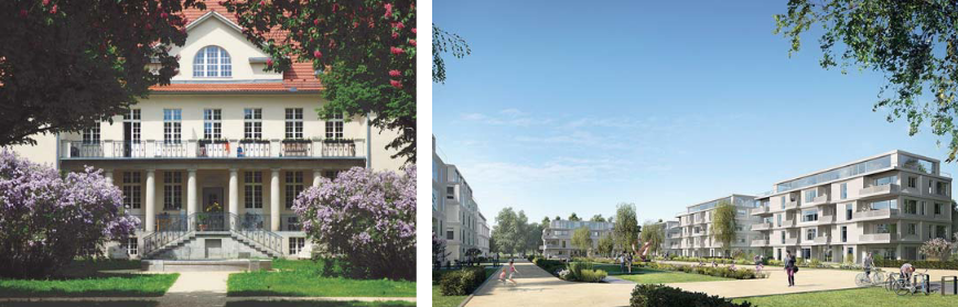 Wohnen in Denkmalen und das geplante Neubauprojekt (Foto und Abb.: Ludwig Hoffmann Quartier)