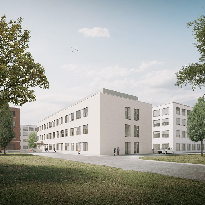 Visualisierung des geplanten Erweiterungsneubaus: Der mehrgeschossige Neubau ergibt eine Fläche von rund 4200 Quadratmetern und fügt sich optimal in die funktionale Architektur der kurzen Wege ein. (Bild: M.R Architekten)
