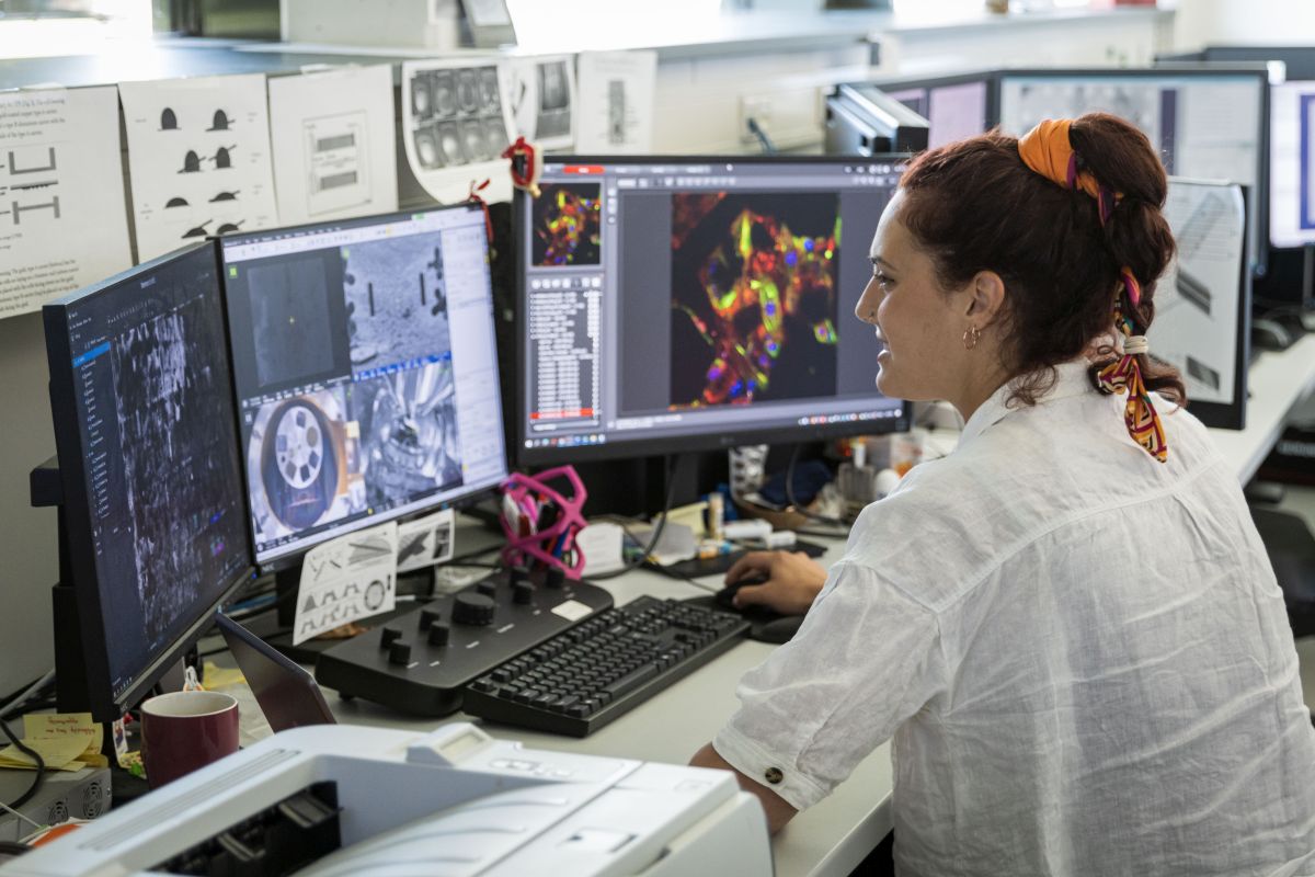 Metaxia Stavroulaki fräst mit dem Dual Beam FIB SEM eine hauchdünne Lamelle aus der Probe. Foto: Felix Petermann, Max Delbrück Center